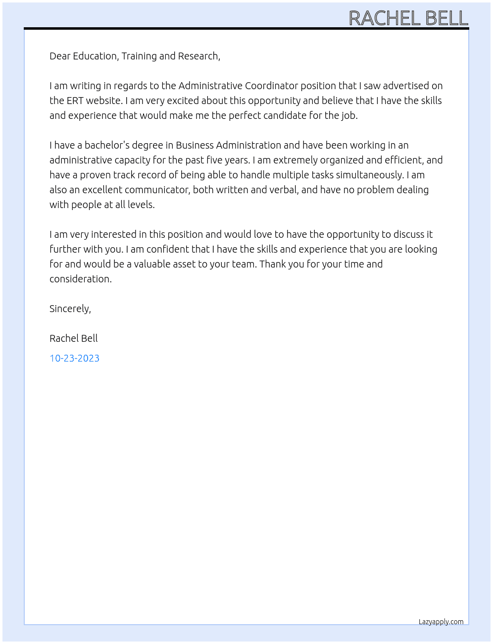 Administrative Coordinator  At ERT Cover Letter