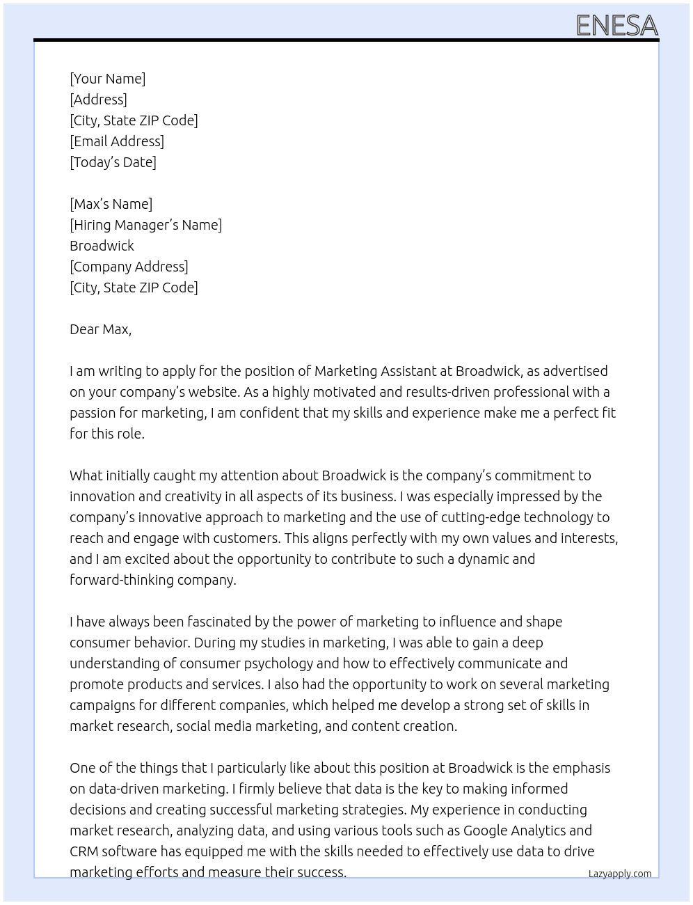Marketing assistant At Broadwick Cover Letter