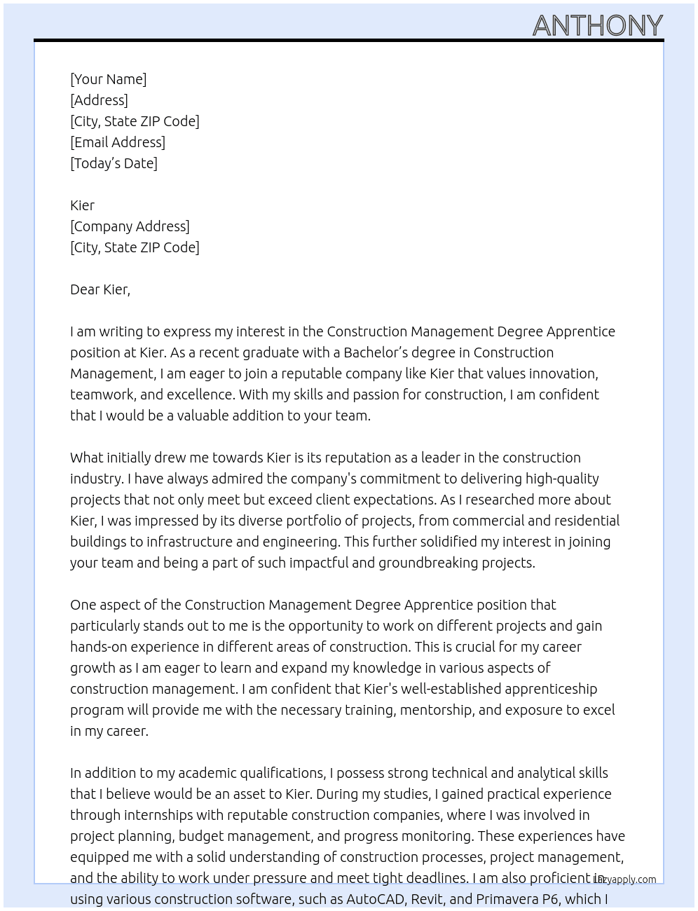 Construction Management Degree Apprentice At Kier Cover Letter