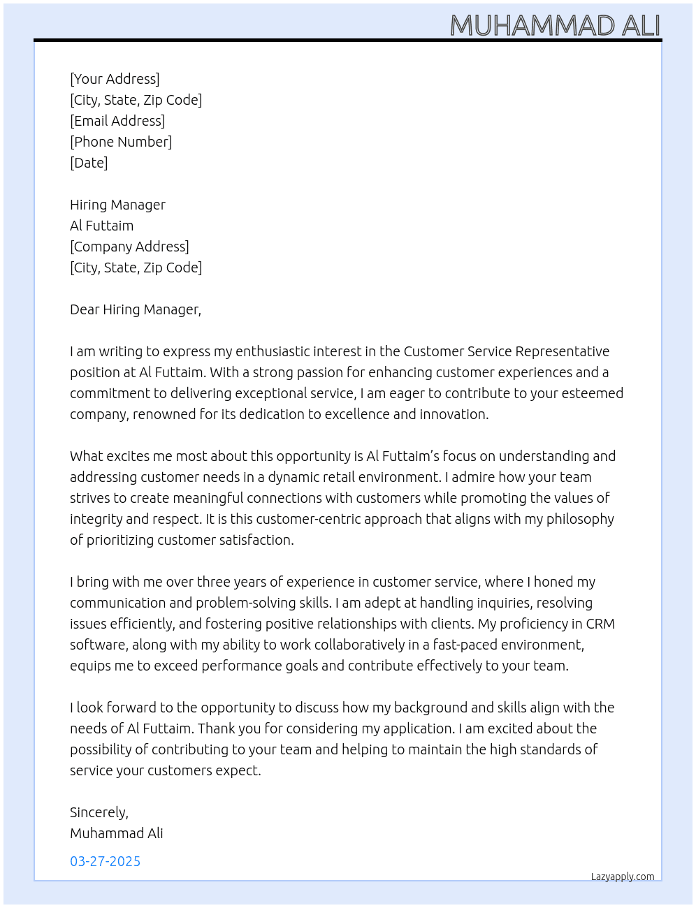 customer service representative At al futtaim Cover Letter
