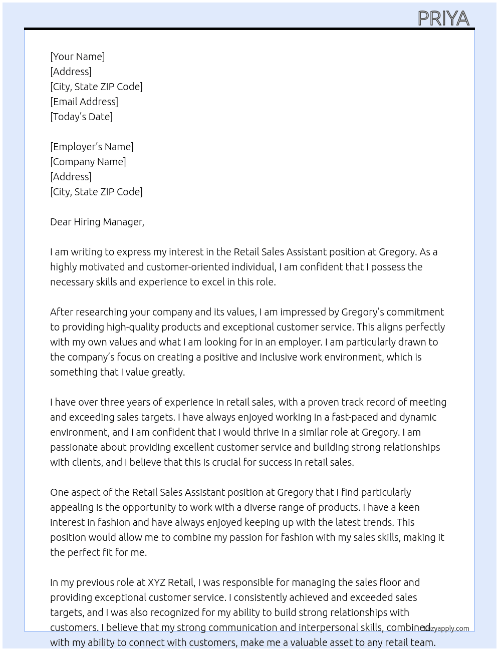 retail sales assistant At Gregory  Cover Letter
