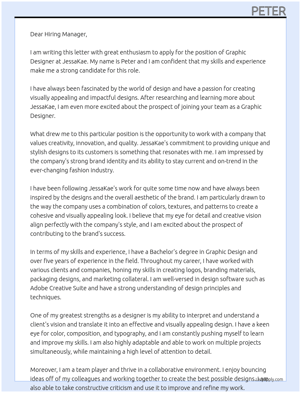 Graphic designer At JessaKae  Cover Letter