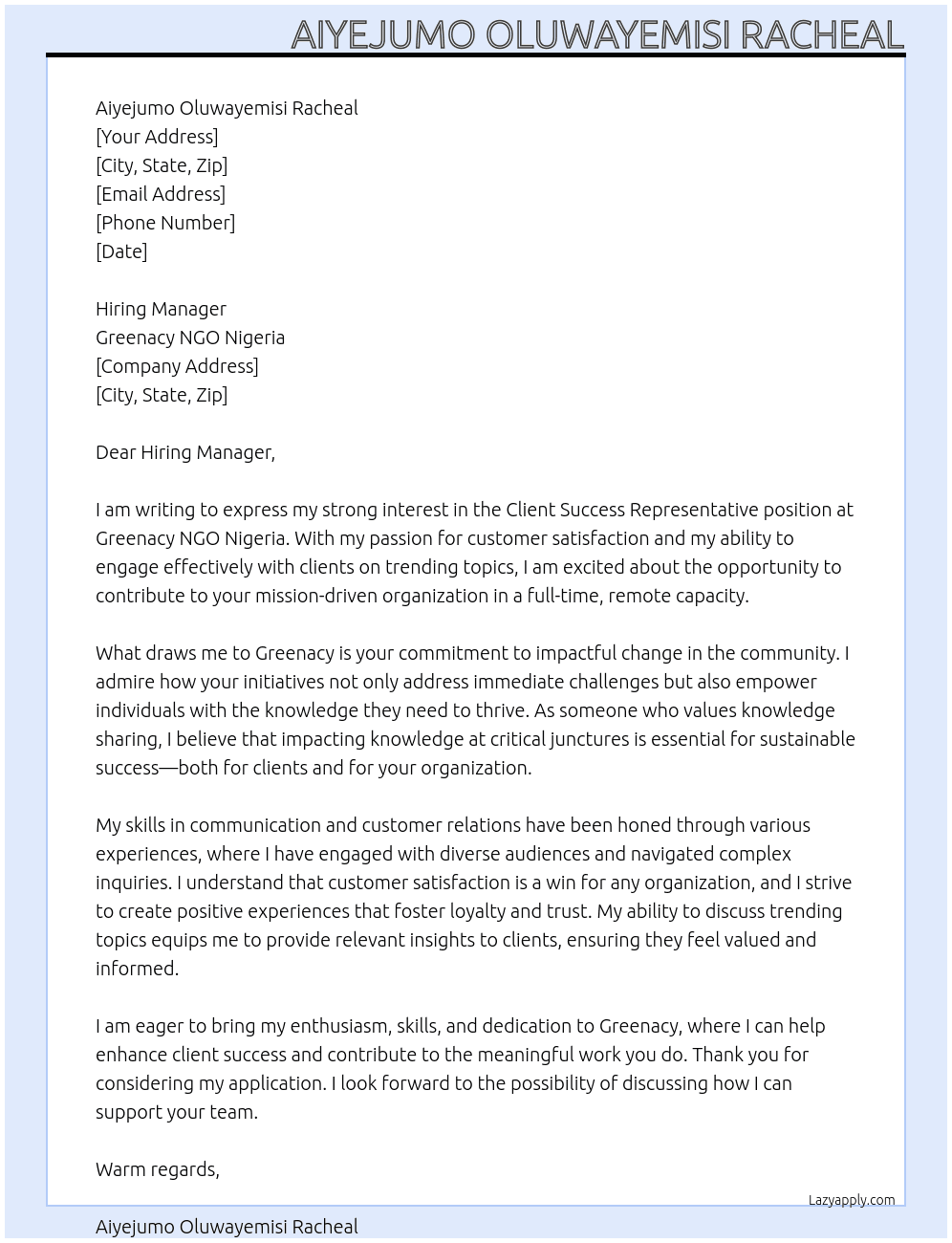 Cover letter for client success representatives - LazyApply