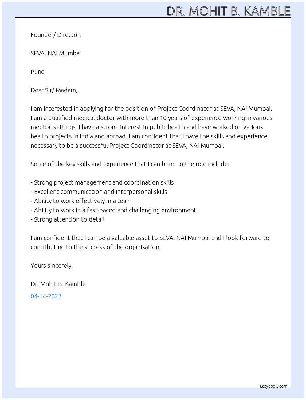 Project Co -  Ordinator At SEVA, NAI MUMBAI Cover Letter
