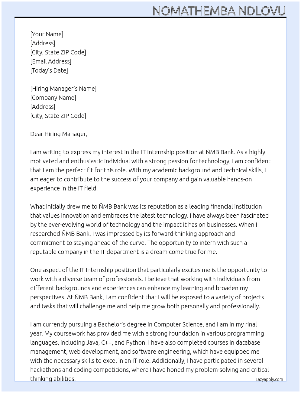 IT Internship  At ÑMB Bank Cover Letter