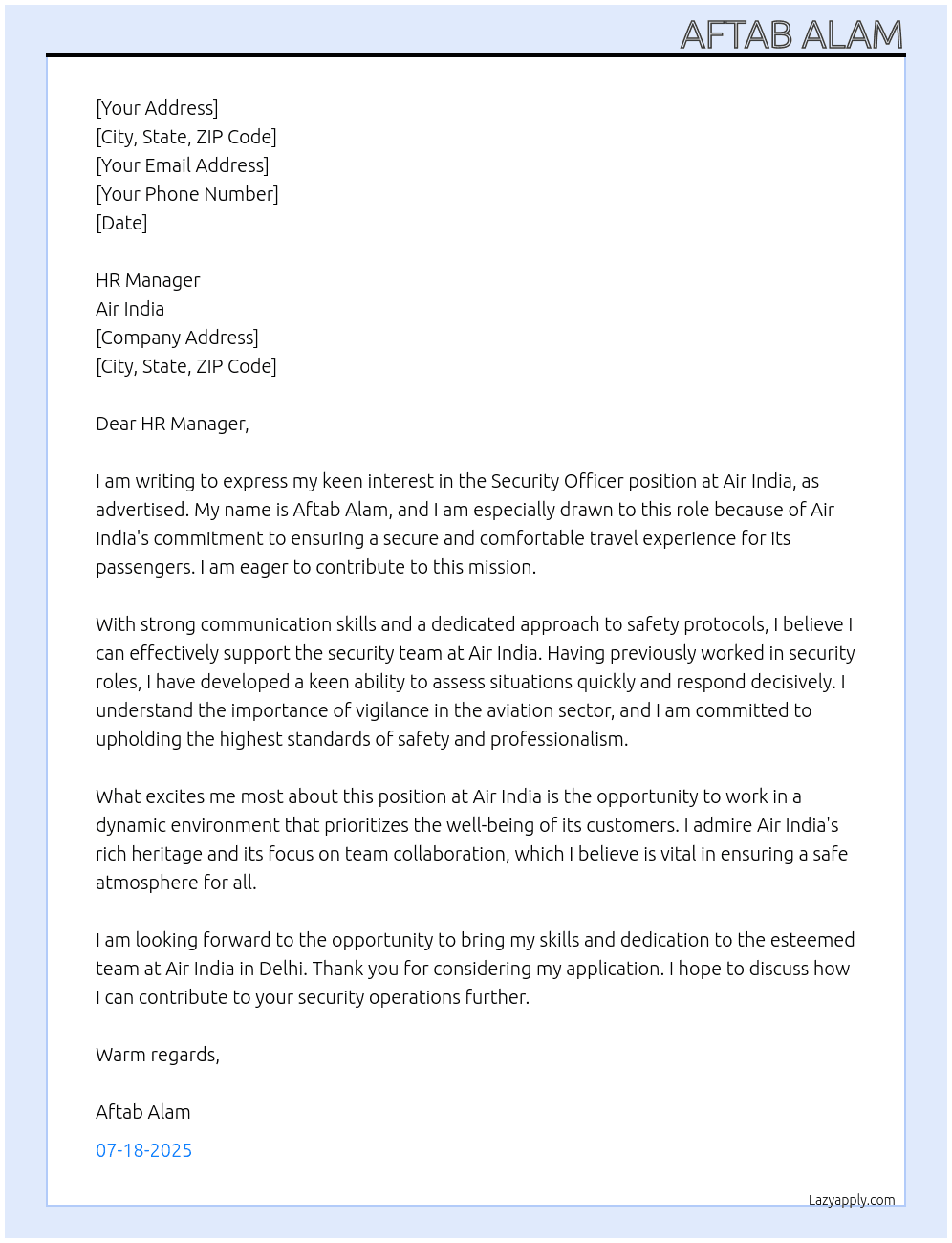 Security At Air India Cover Letter