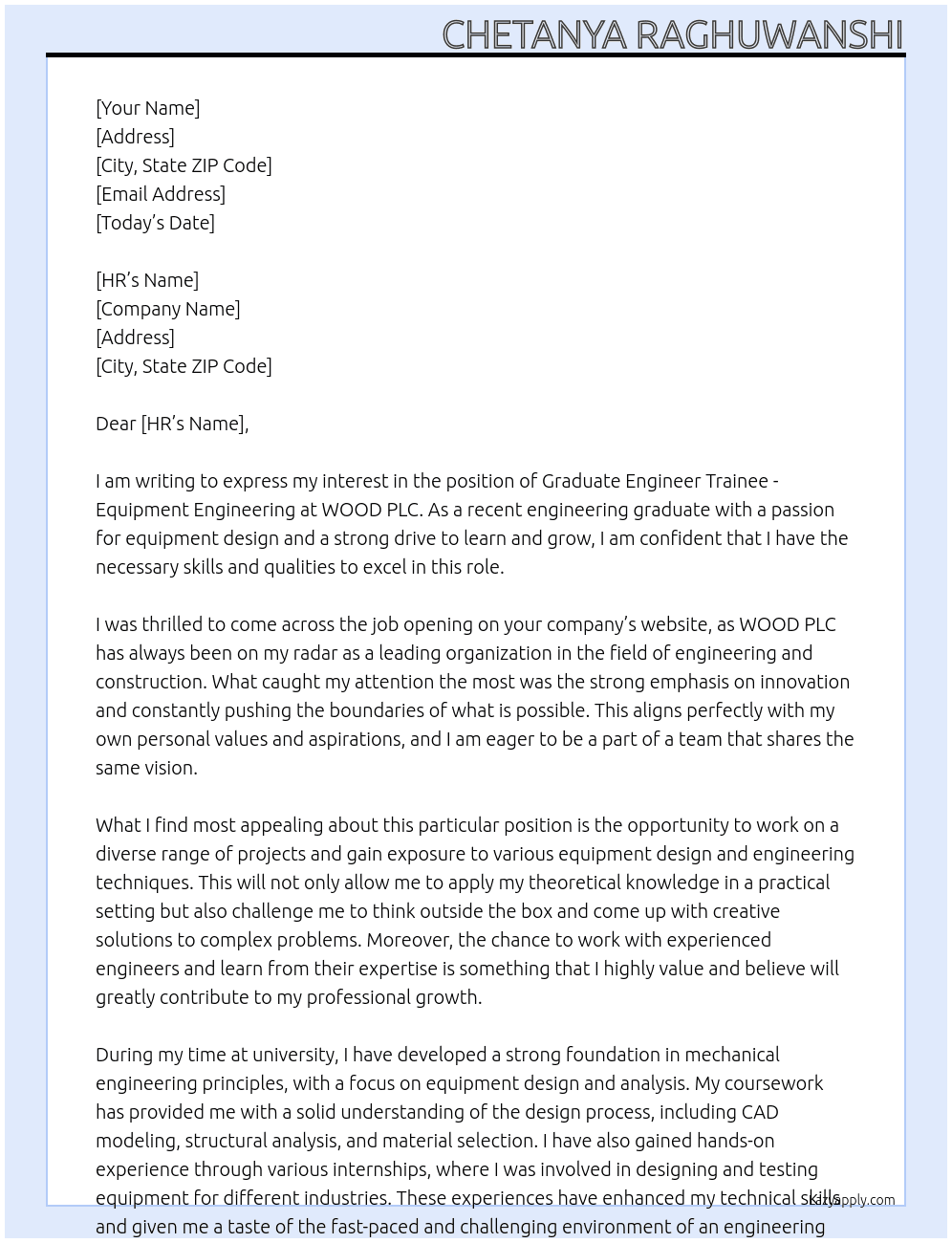  Graduate Engineer Trainee - Equipment Engineering At WOOD PLC Cover Letter