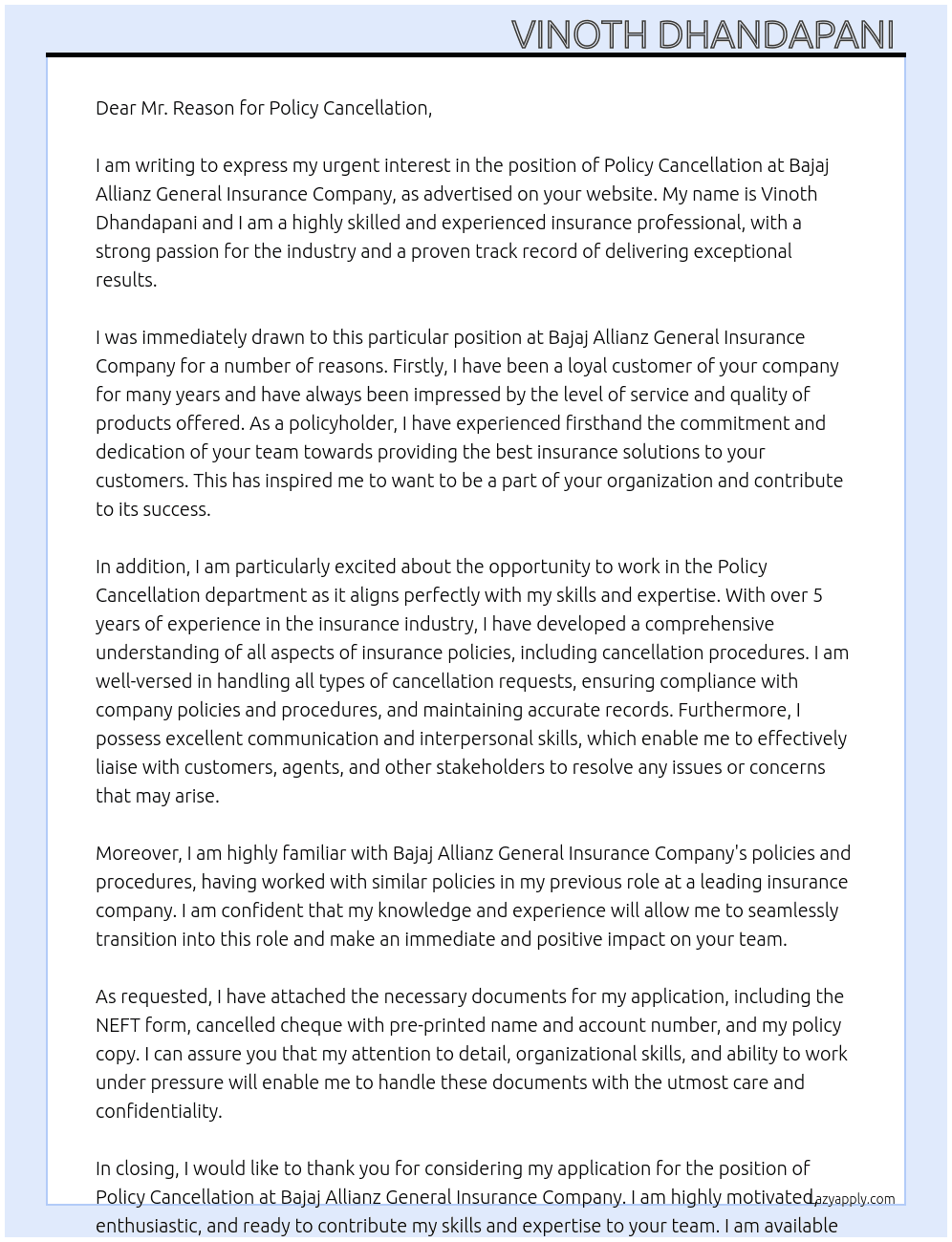 Bajai Allianz General Insurance Company  At Policy cancellation  Cover Letter