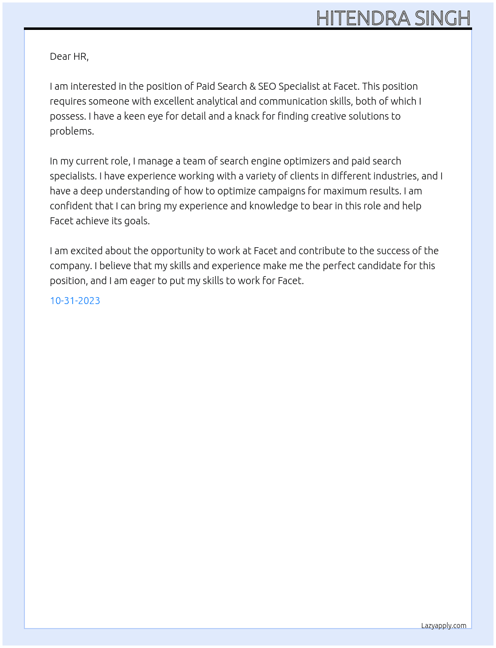 Paid Search & SEO Specialist At Facet Cover Letter