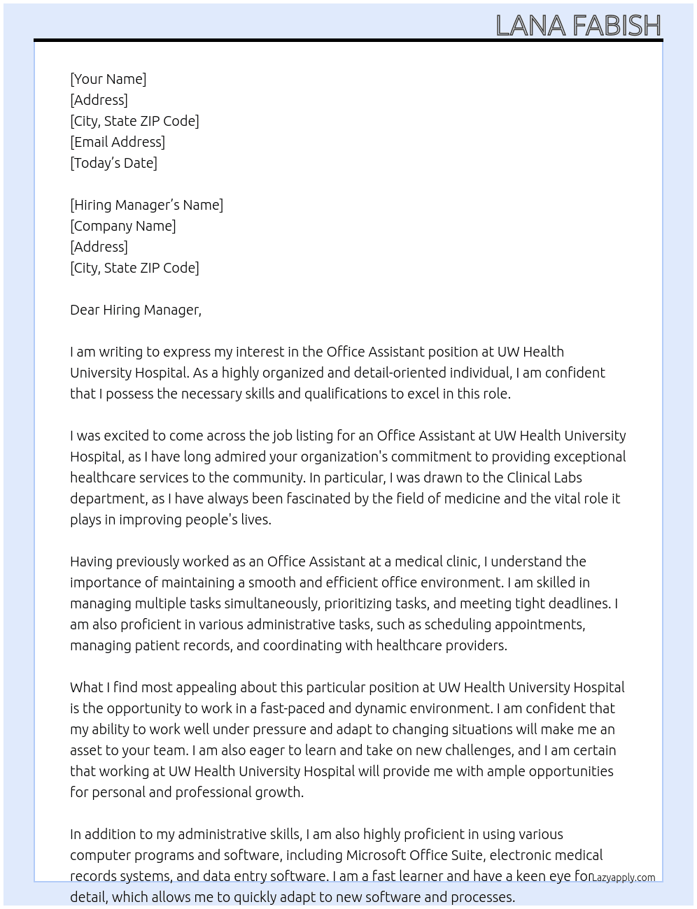 Office Assistant, Clinical Labs At UW Health University hospital Cover Letter