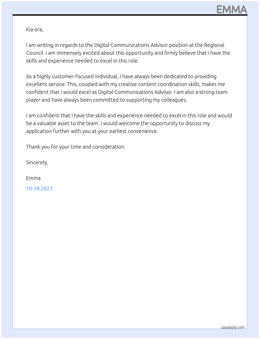 Digital Communications Advisor At Regional Council Cover Letter