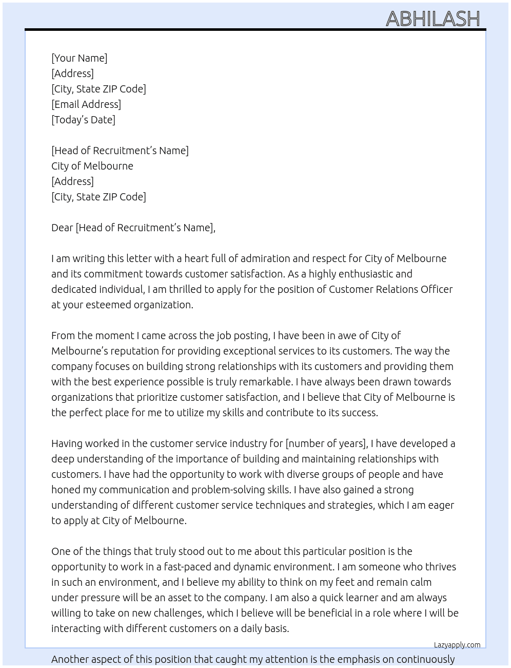 Customer relations officer At City of Melbourne  Cover Letter