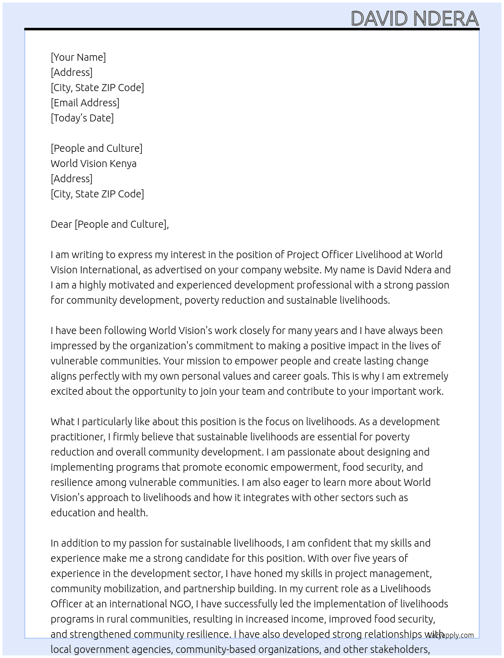 project officer livelihood At World Vision international Cover Letter