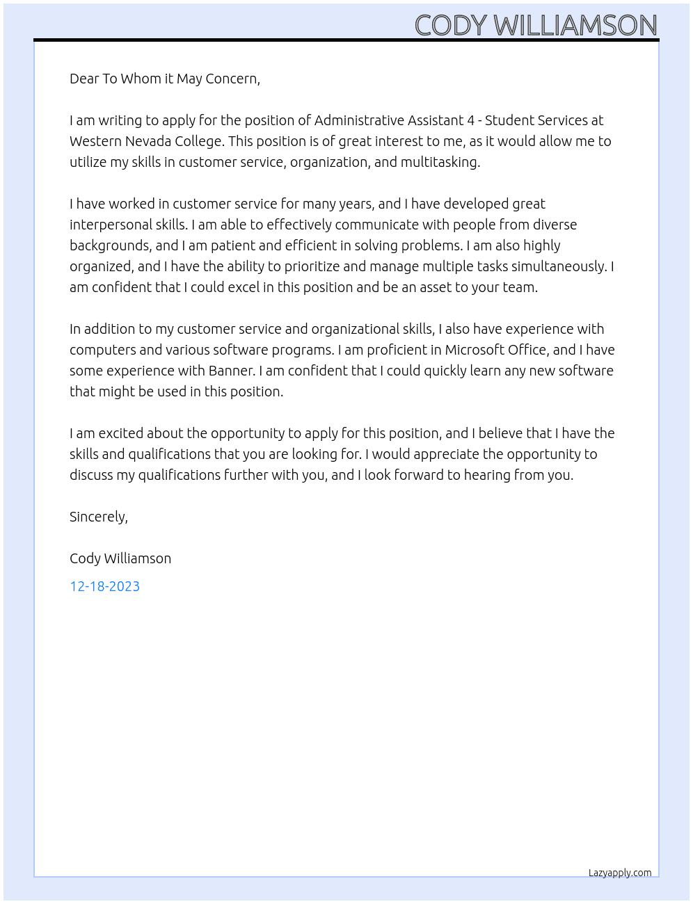 Administrative Assistant 4 - Student Services At Western Nevada College Cover Letter