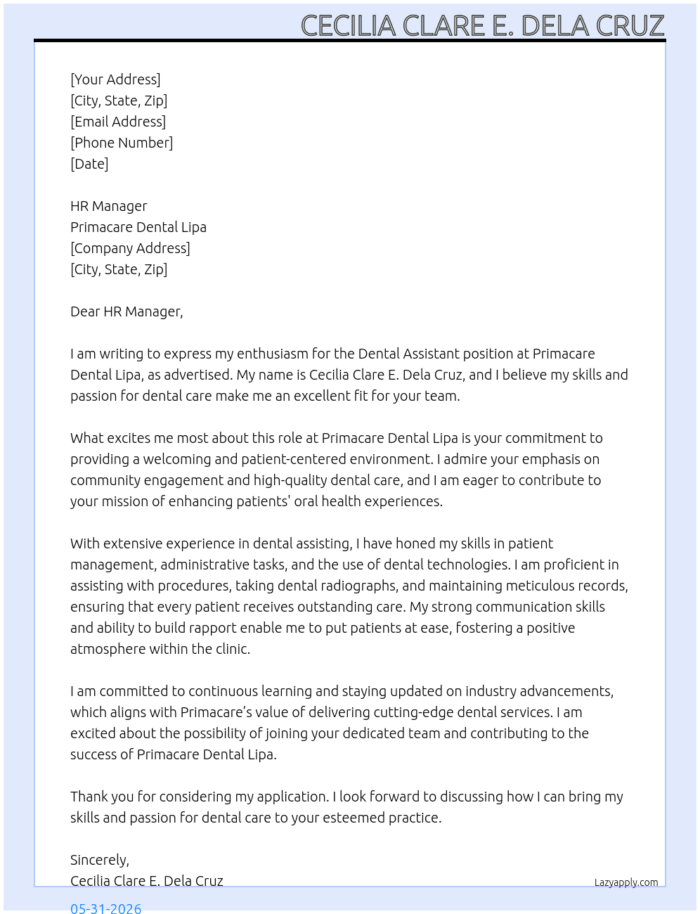 Dental Assistant At Primacare Dental Lipa Cover Letter