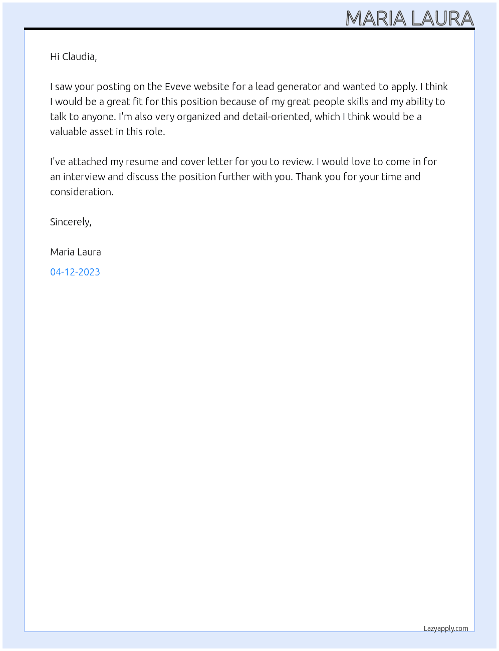 lead generator At Eveve Cover Letter