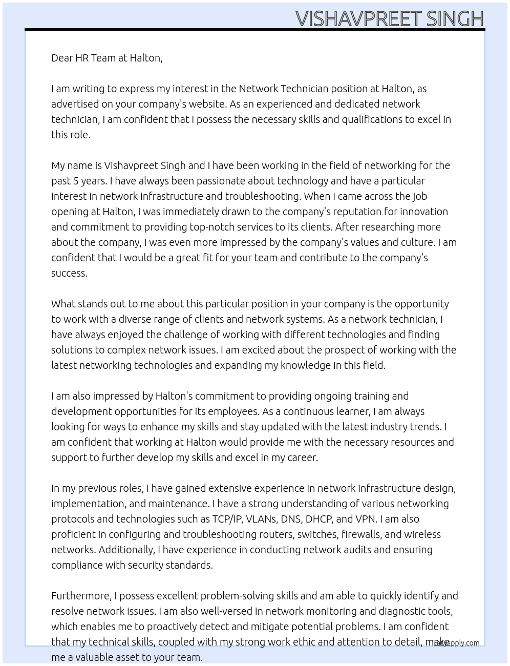 Network Technician At halton Cover Letter