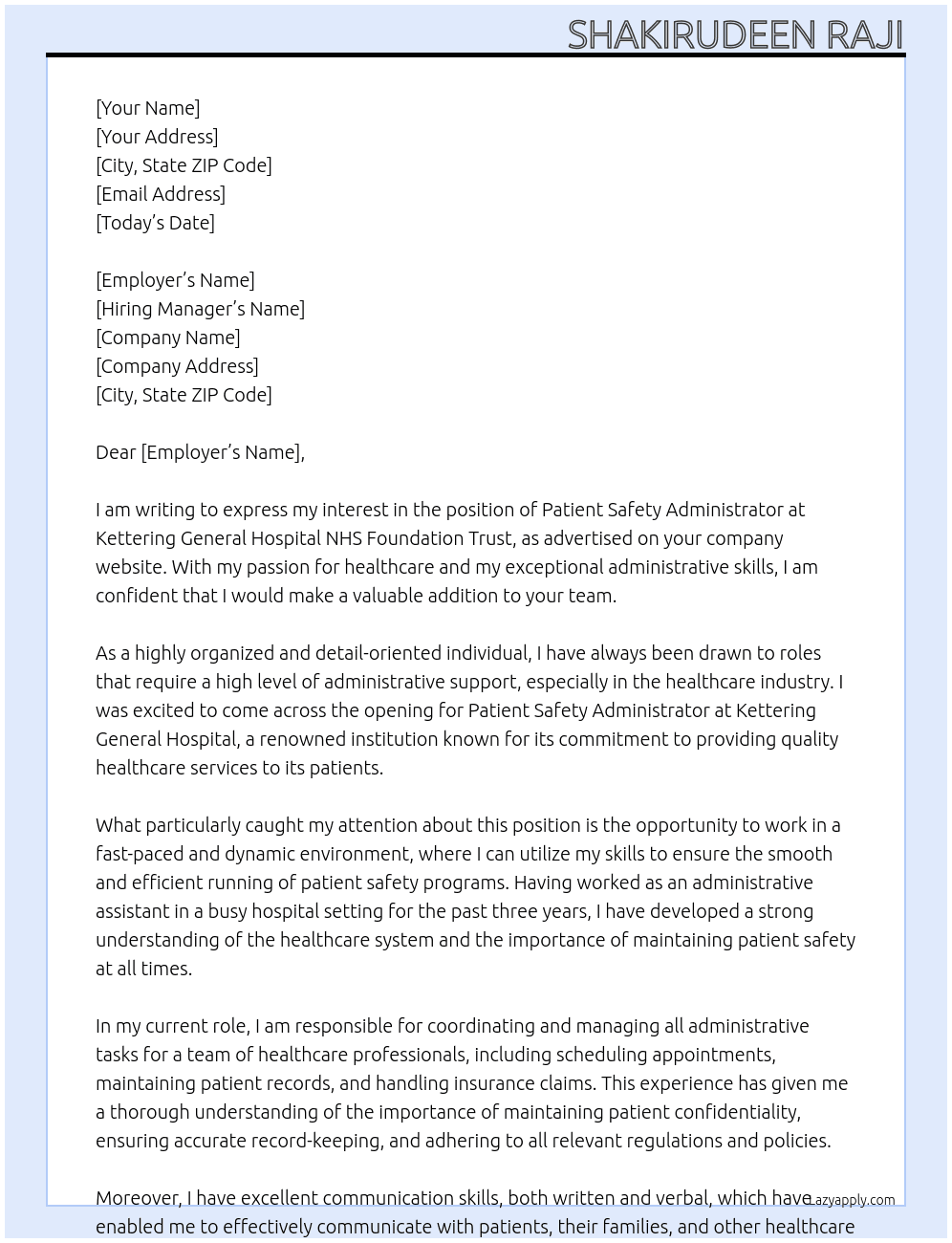 Patient Safety Administrator At Kettering General Hospital NHS Foundation Trust Cover Letter