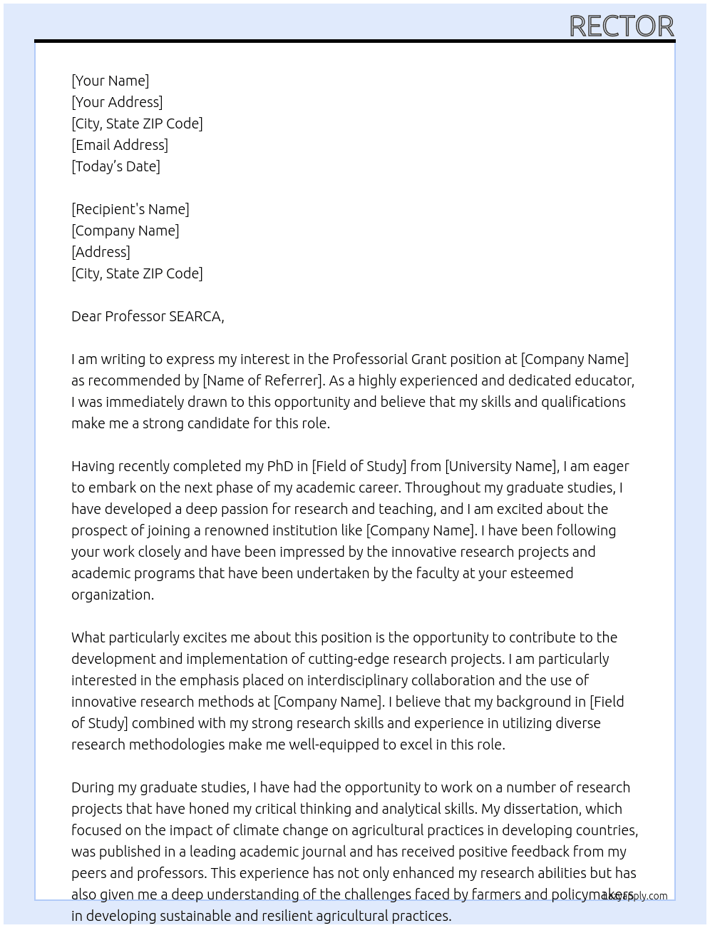 Professorial Grant At recommendation  Cover Letter
