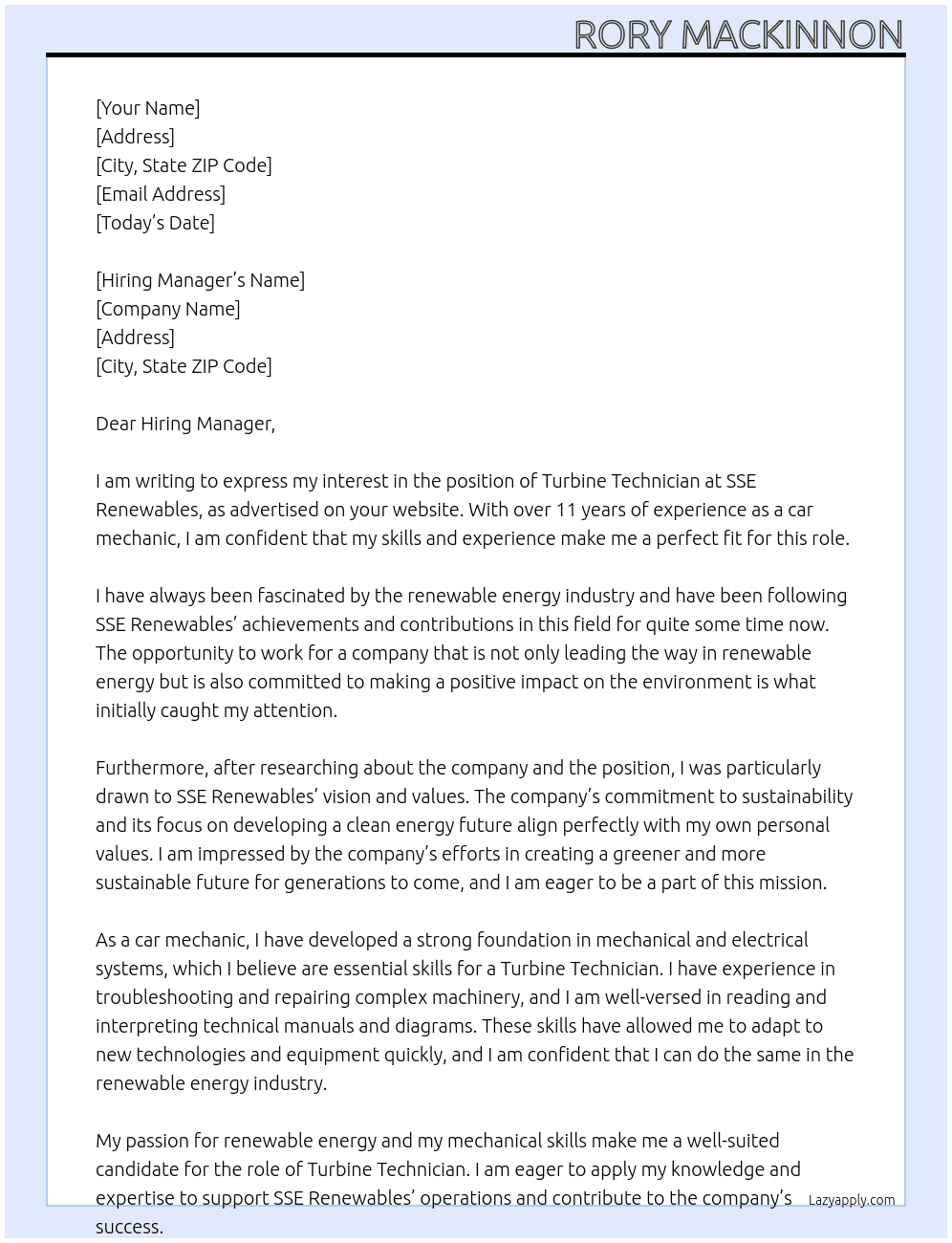 turbine technician  At SSE Renewables Cover Letter