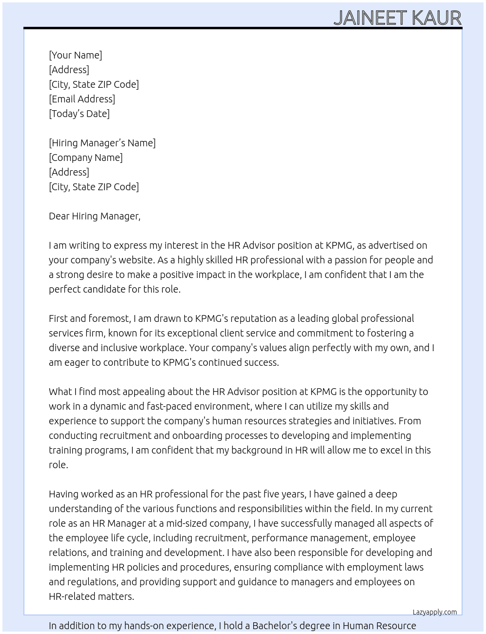 HR Advisor At KPMG Cover Letter