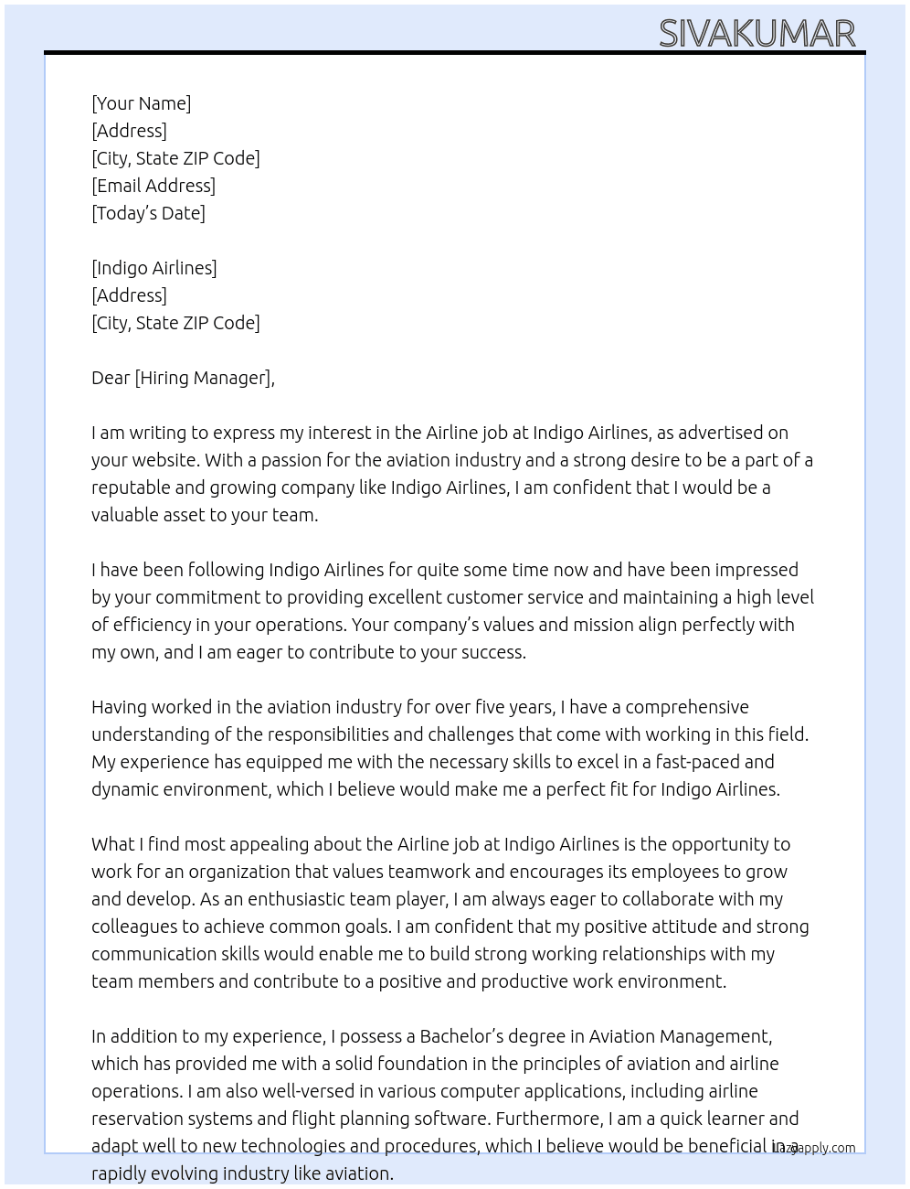Airline job At Indigo airlines Cover Letter