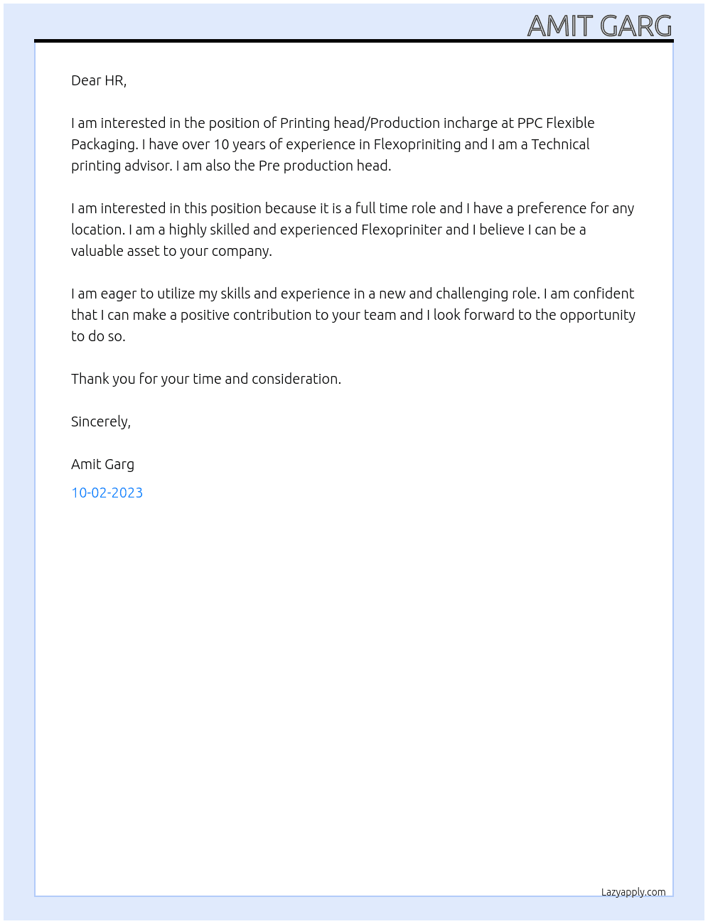 Printing head/Production incharge At PPC FLEXIBLE PACKAGING Cover Letter
