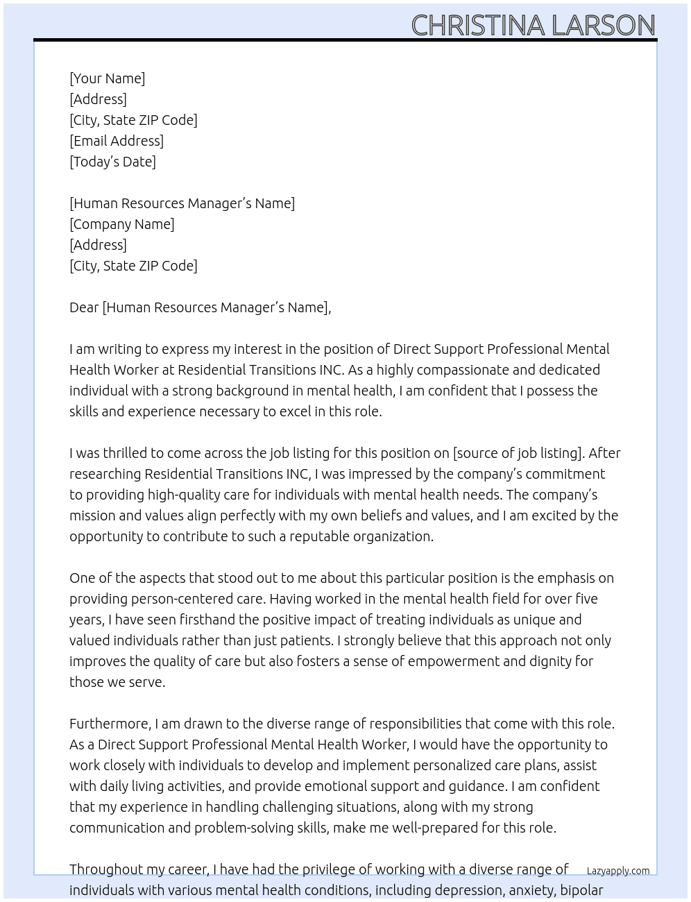 Direct Support Professional Mental Health Worker At Residential Transitions INC Cover Letter