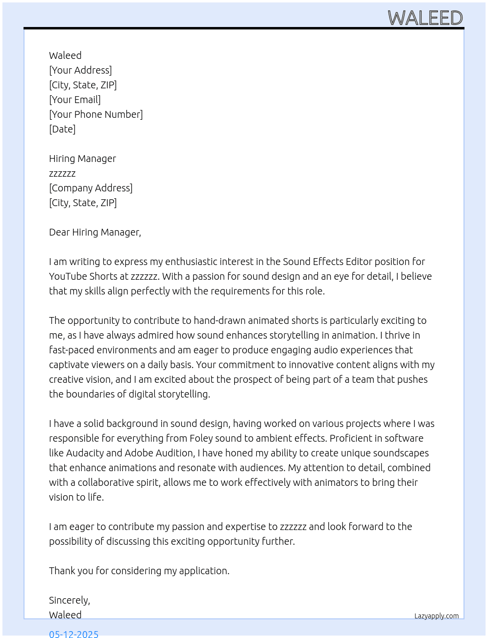 Sound Effects Editor for Youtube Shorts (Hand-Drawn Animated, Daily, Ongoing Work) At zzzzzz Cover Letter
