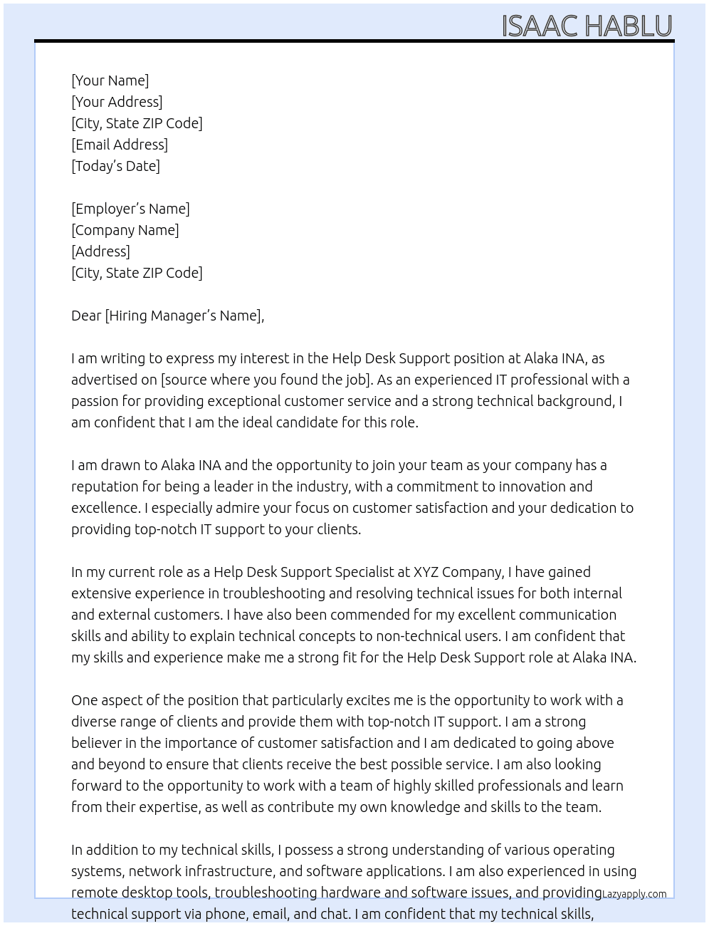 help desk support At Alaka INA Cover Letter