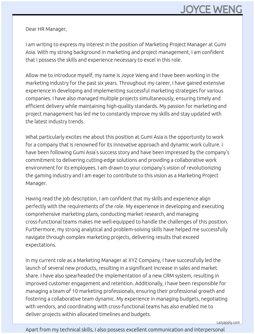 Marketing Project Manager At Gumi Asia Cover Letter