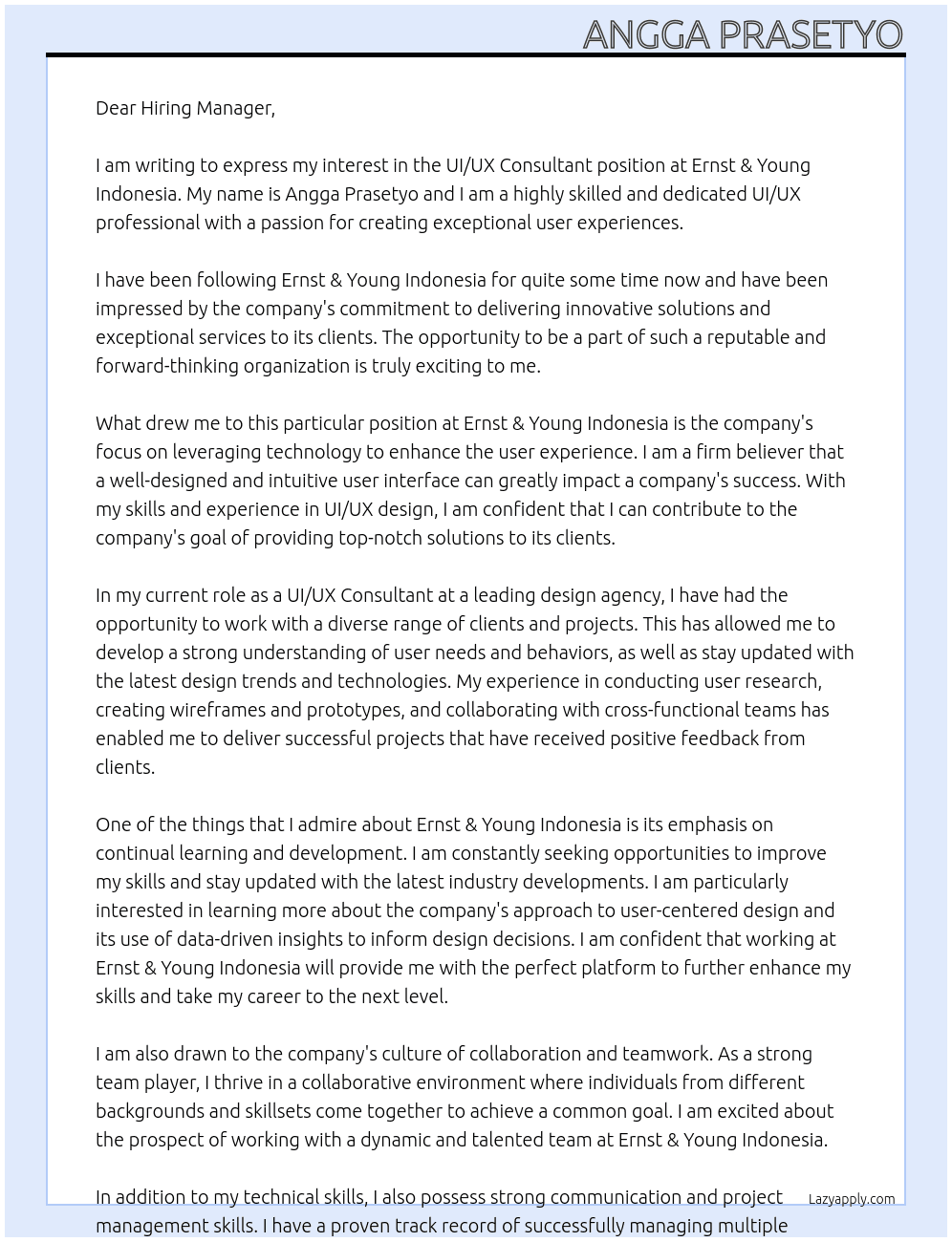 UI/UX Consultant At Ernst & Young Indonesia Cover Letter