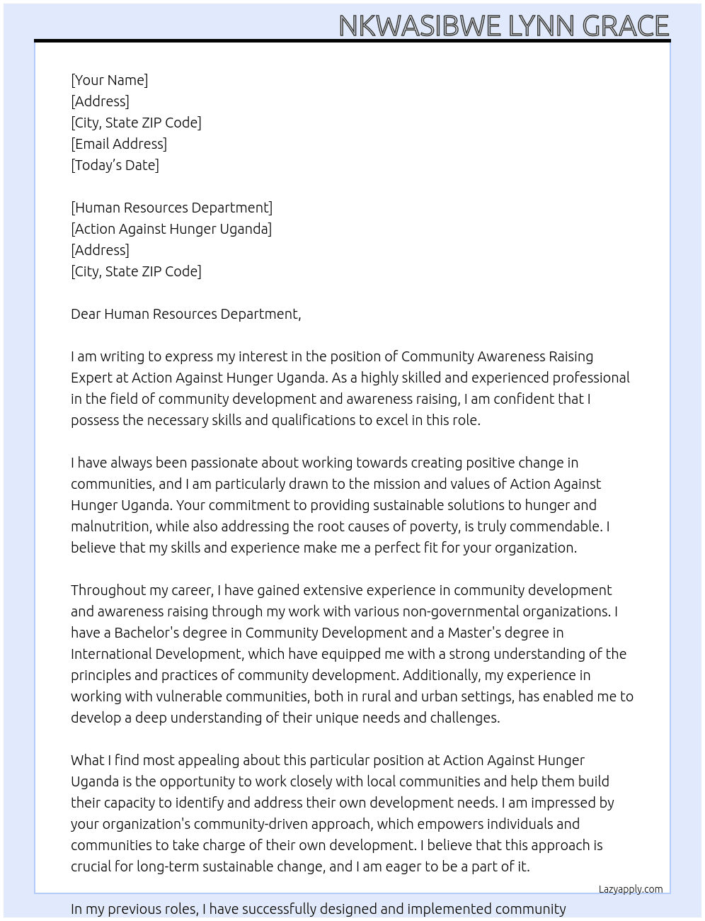 Community awareness raising expert At Action Against Hunger Uganda Cover Letter