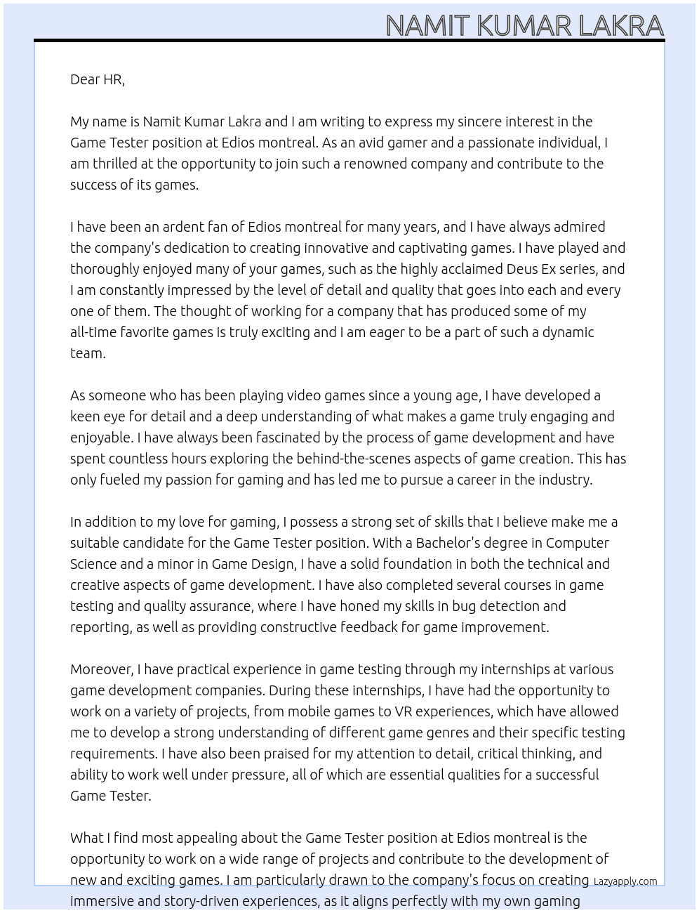 Game Tester At Edios montreal Cover Letter