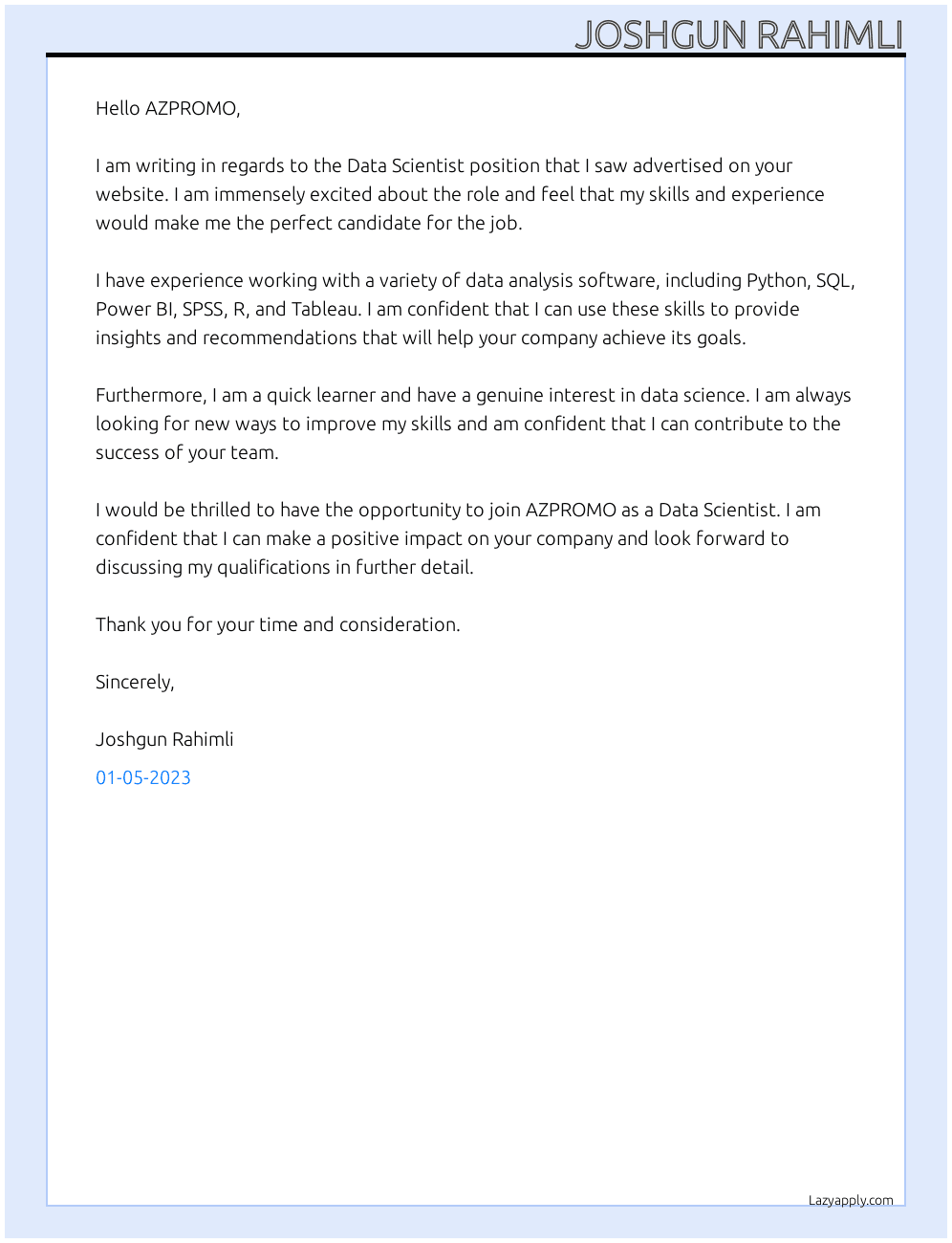 Data scientist At AZPROMO Cover Letter