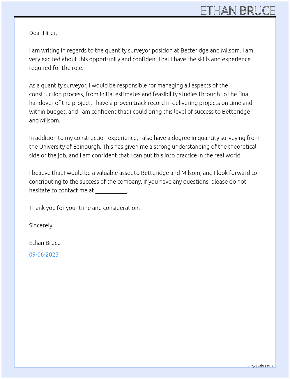 Quantity Surveyor  At Betteridge and Milsom Cover Letter