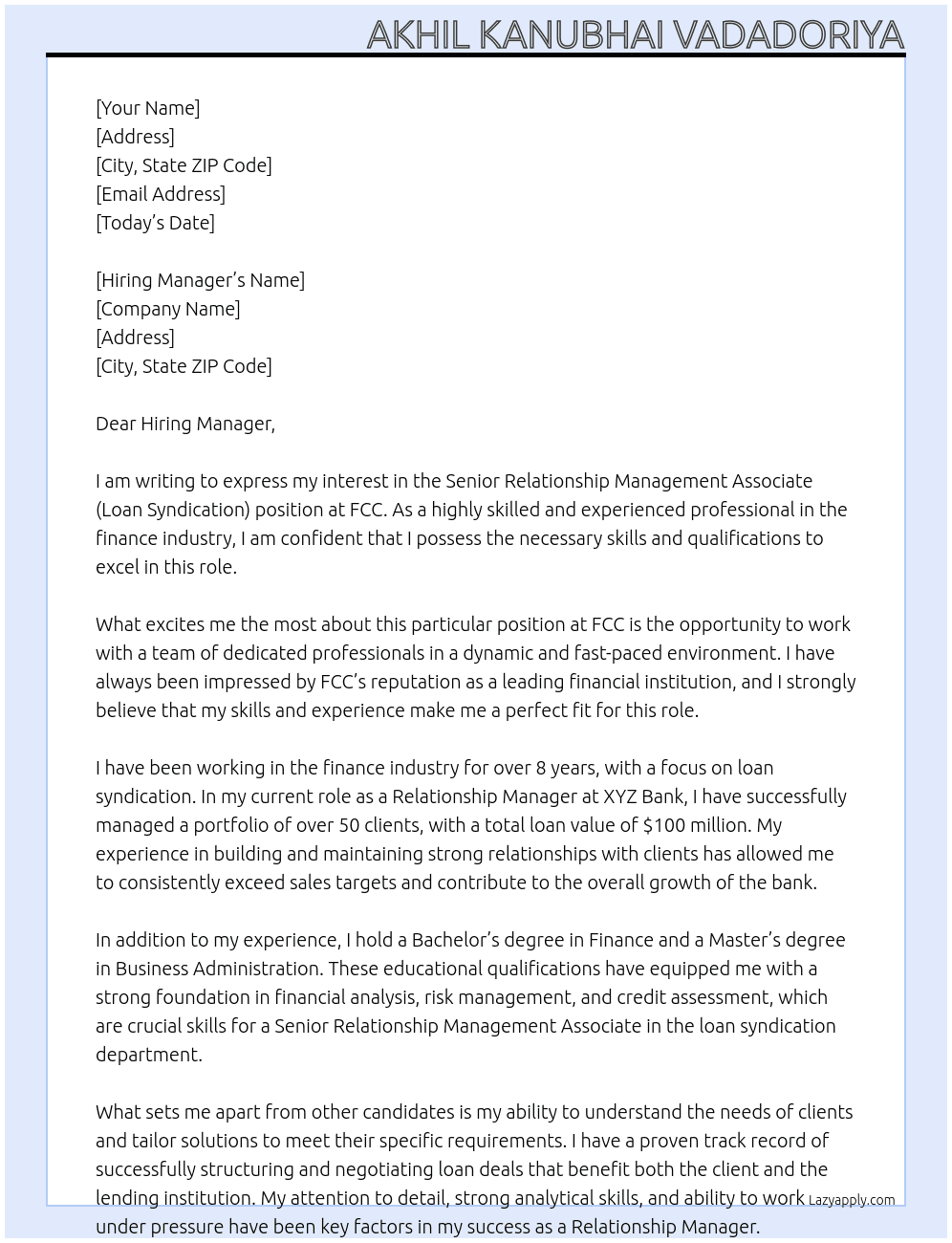 Senior Relationship Management Associate (Loan Syndication) At FCC Cover Letter