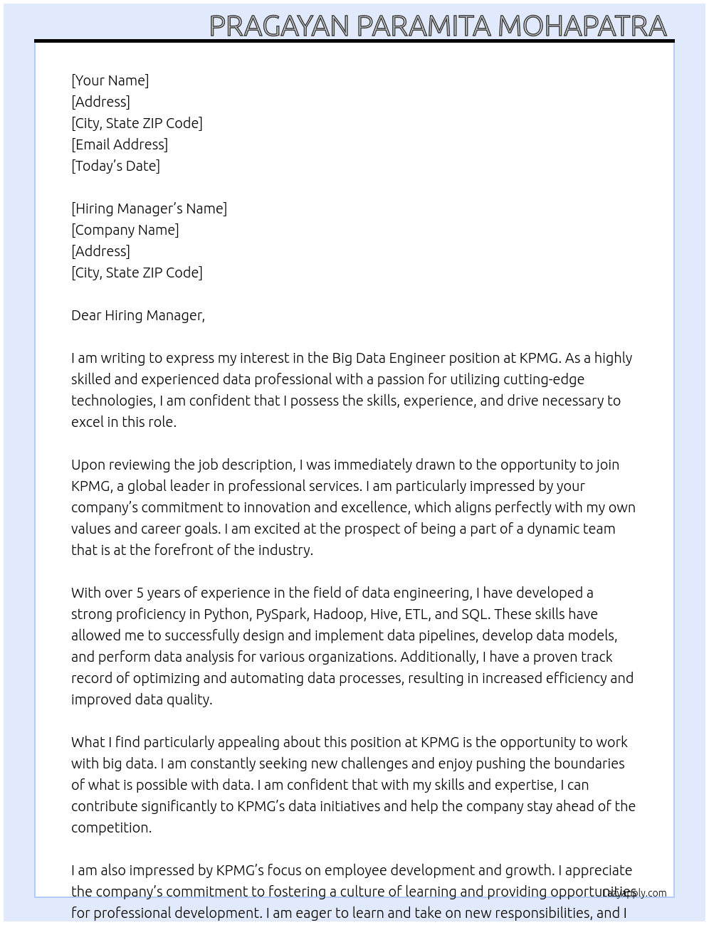 Big Data Engineer  At KPMG  Cover Letter