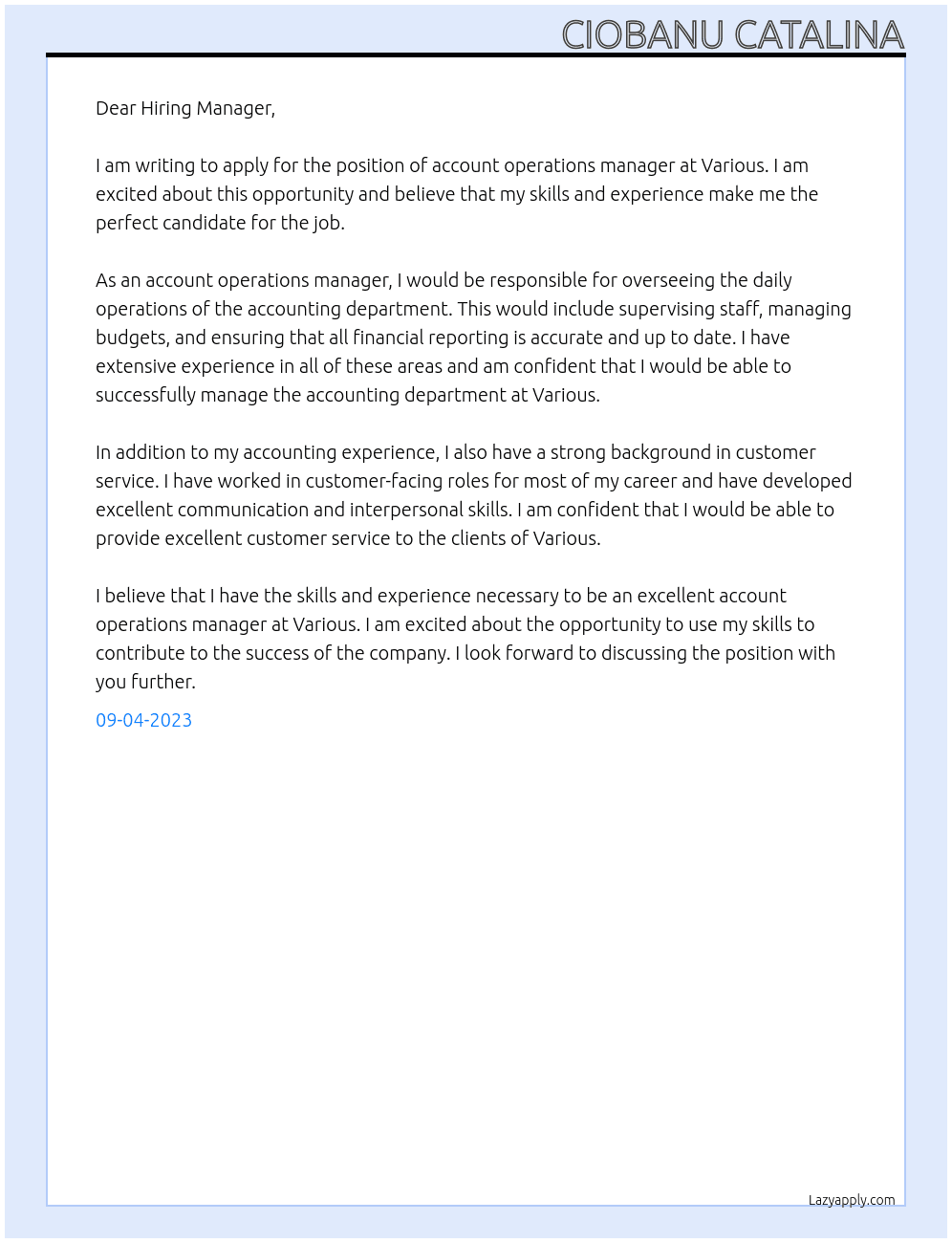 account operations manager At Various Cover Letter