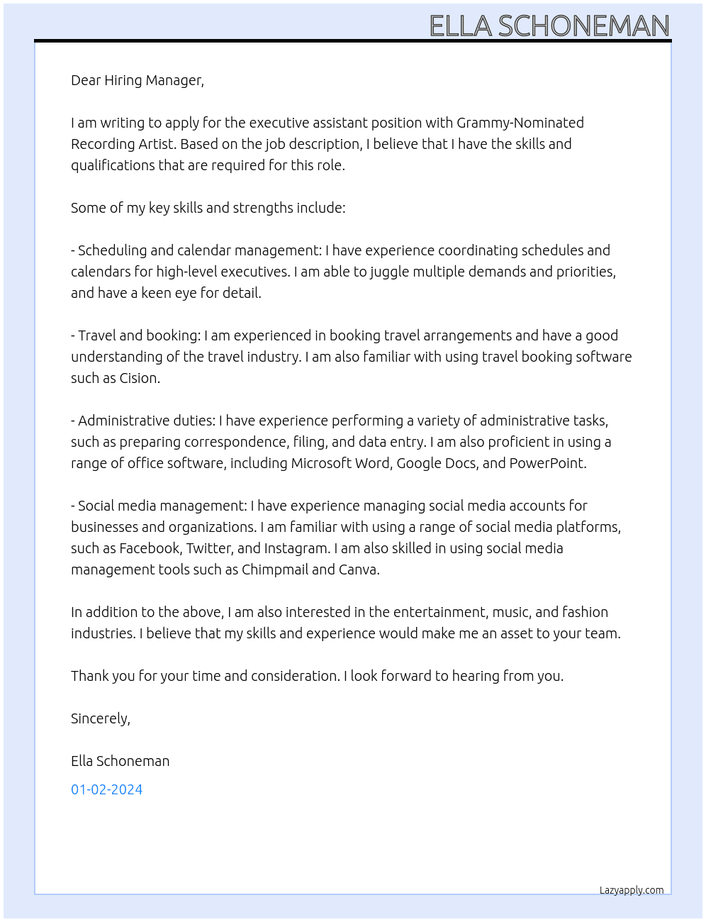 executive assistant At Grammy-Nominated Recording Artist Cover Letter