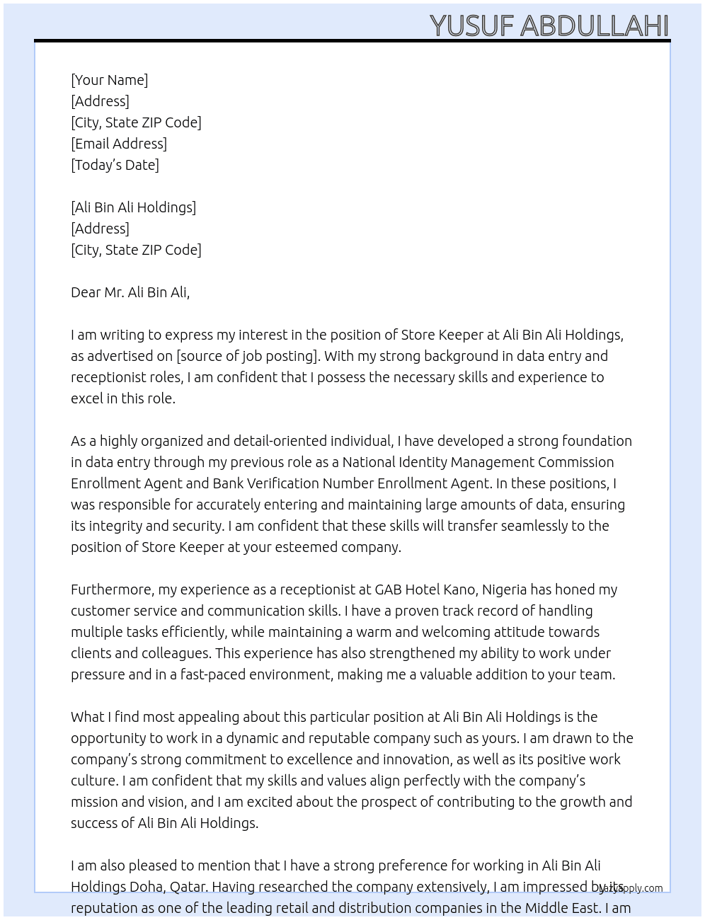 STORE KEEPER At STORE KEEPER AT ALI BIN ALI HOLDINGS Cover Letter