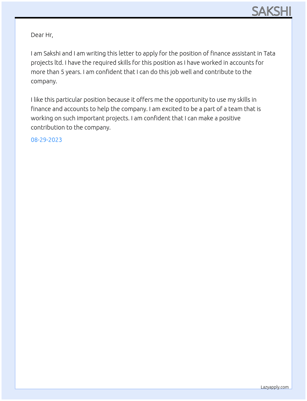 finance assistant At Tata projects ltd. Cover Letter