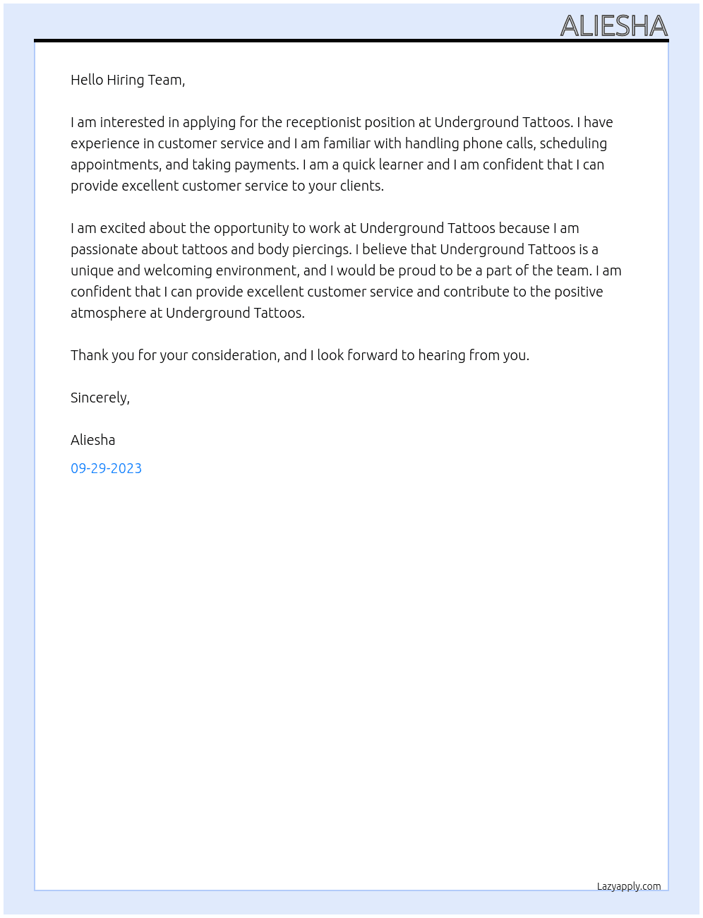 Receptionist  At Underground Tattoos Cover Letter