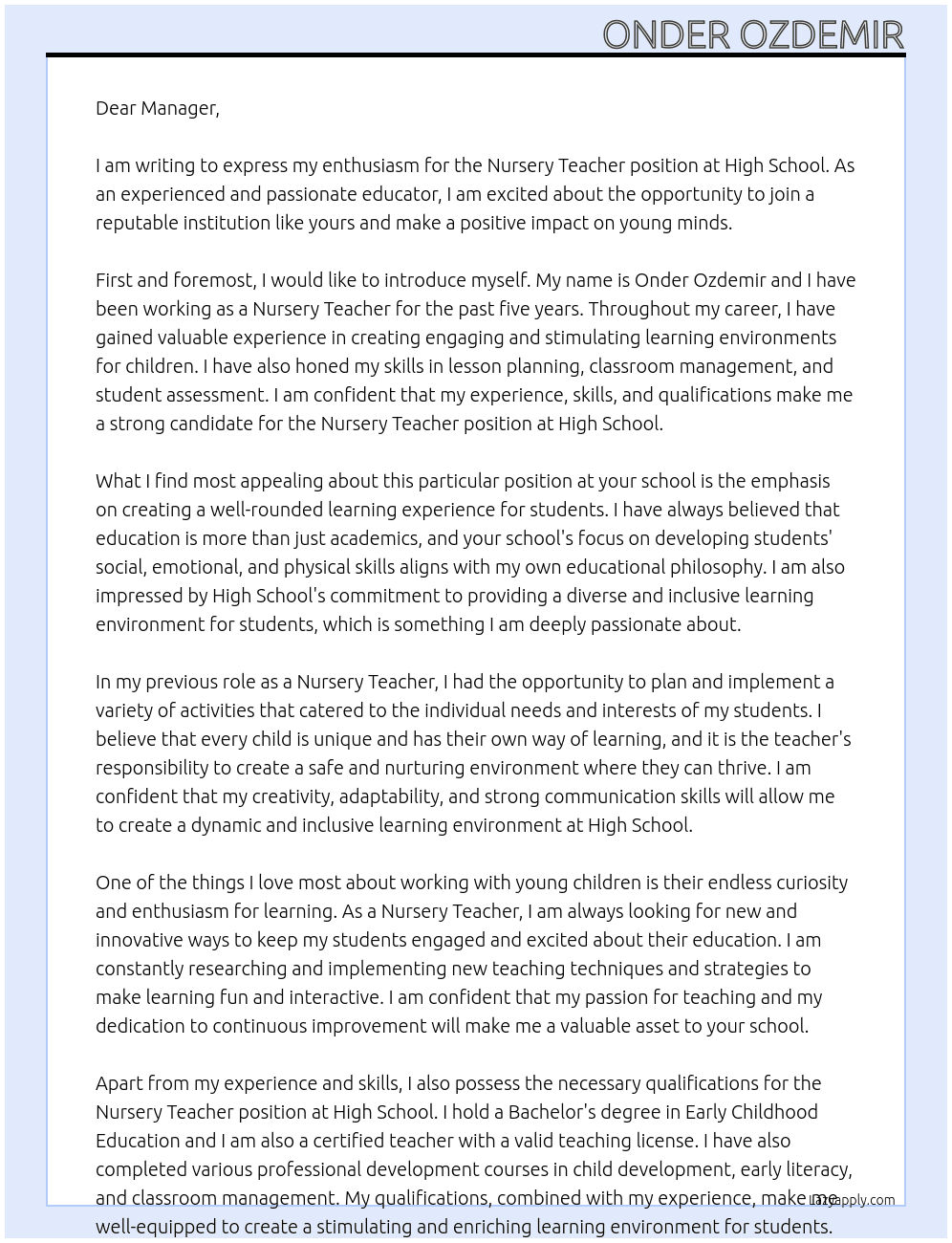 Nursery Teacher At High School Cover Letter