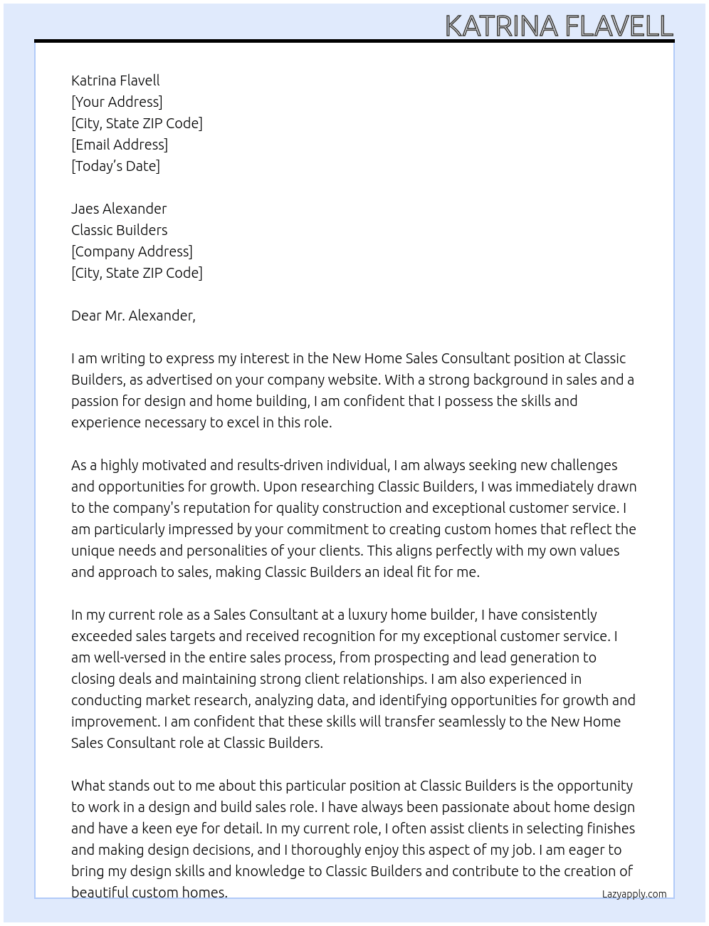 New Home Sales Consultant At Classic Builders Cover Letter