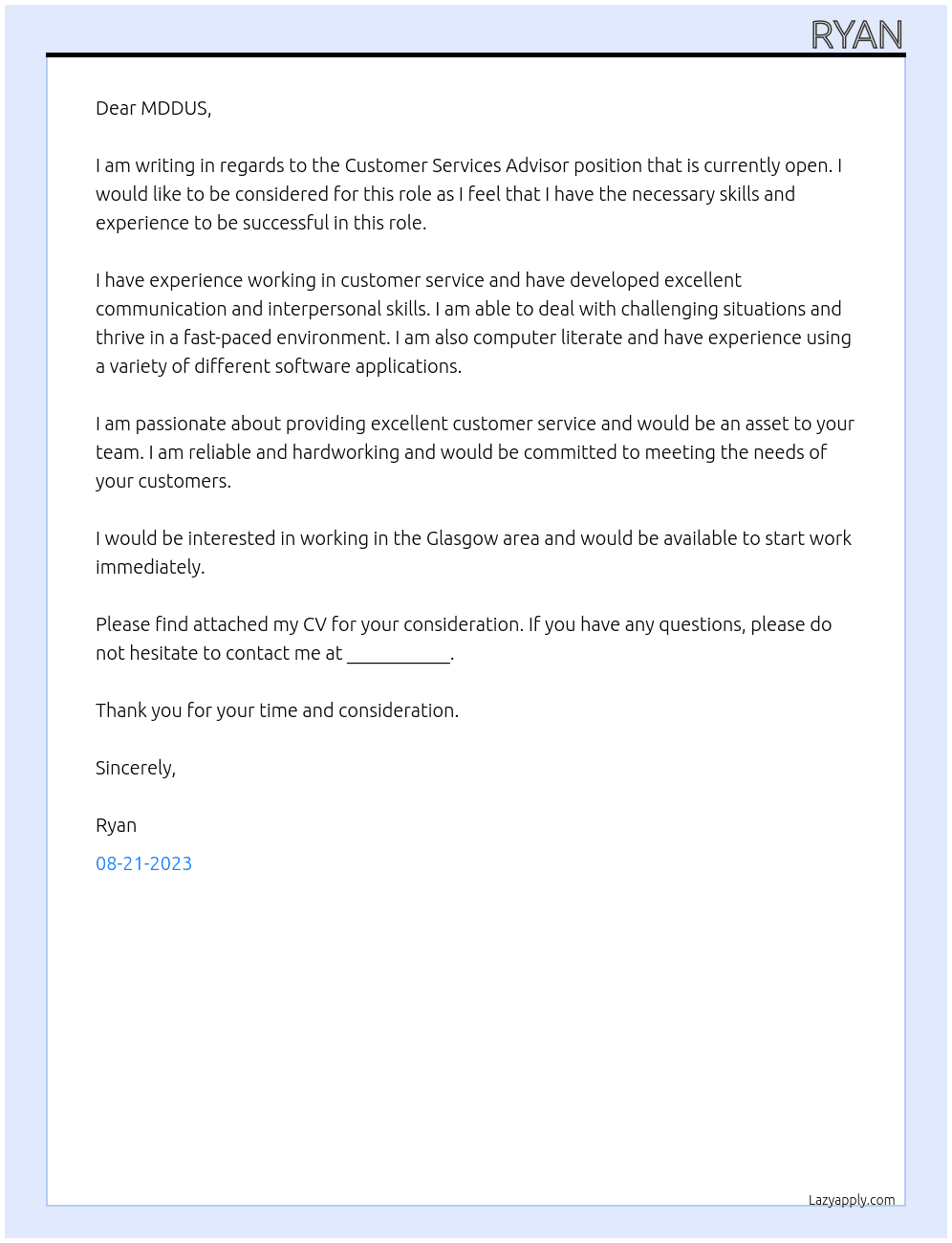 Customer Services Advisor At MDDUS Cover Letter