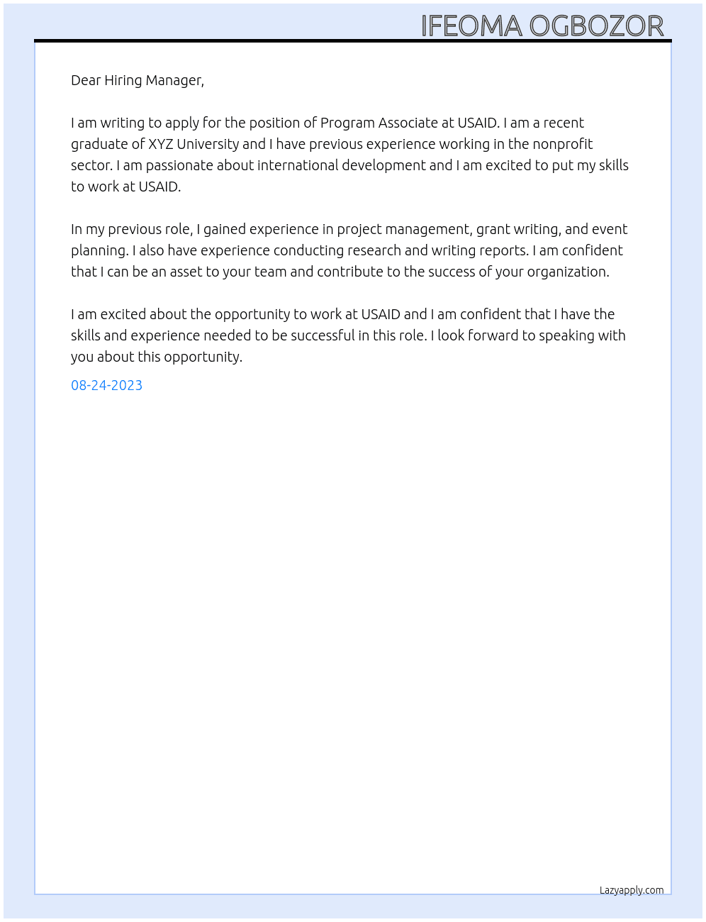 Program Associate  At USAID  Cover Letter