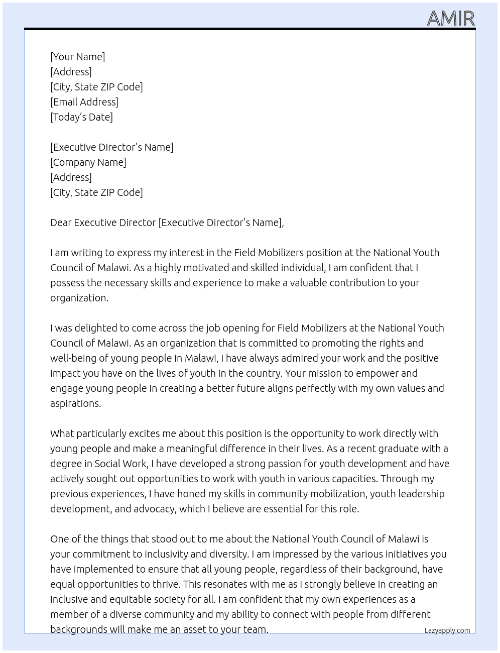 Field mobilizers  At National Youth Council of Malawi Cover Letter