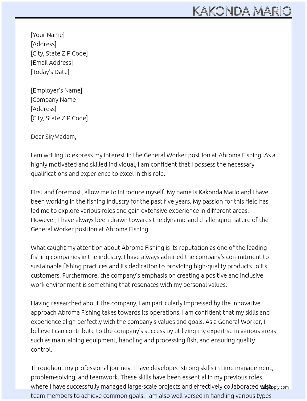 General Worker At Abroma Fishing  Cover Letter