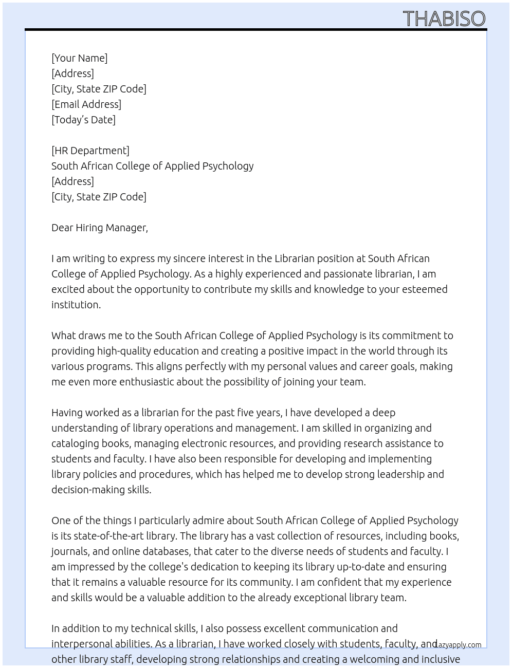 Librarian At South African College of Applied Pyschology Cover Letter